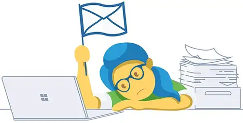 Paige waving a PoliteMail flag while work piles up on her desk from email overload